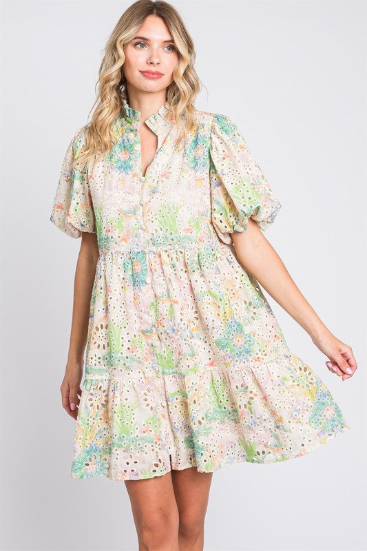 Floral Eyelet Lace Puff Sleeve Mini Summer Dress – Fluttering, Feminine and Playful Floral Eyelet Lace Mini Dress with Puff Sleeves