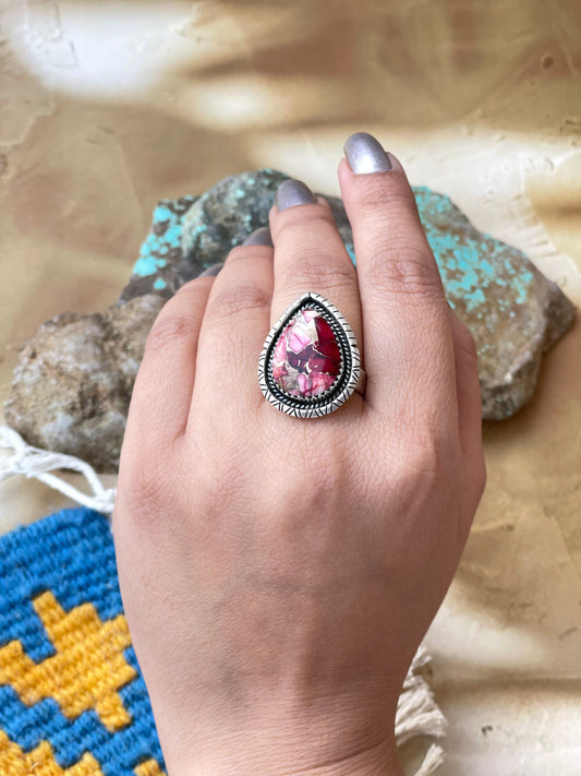 Beautiful Handmade Dahlia Rose And Sterling Silver Adjustable Teardrop Shape Ring