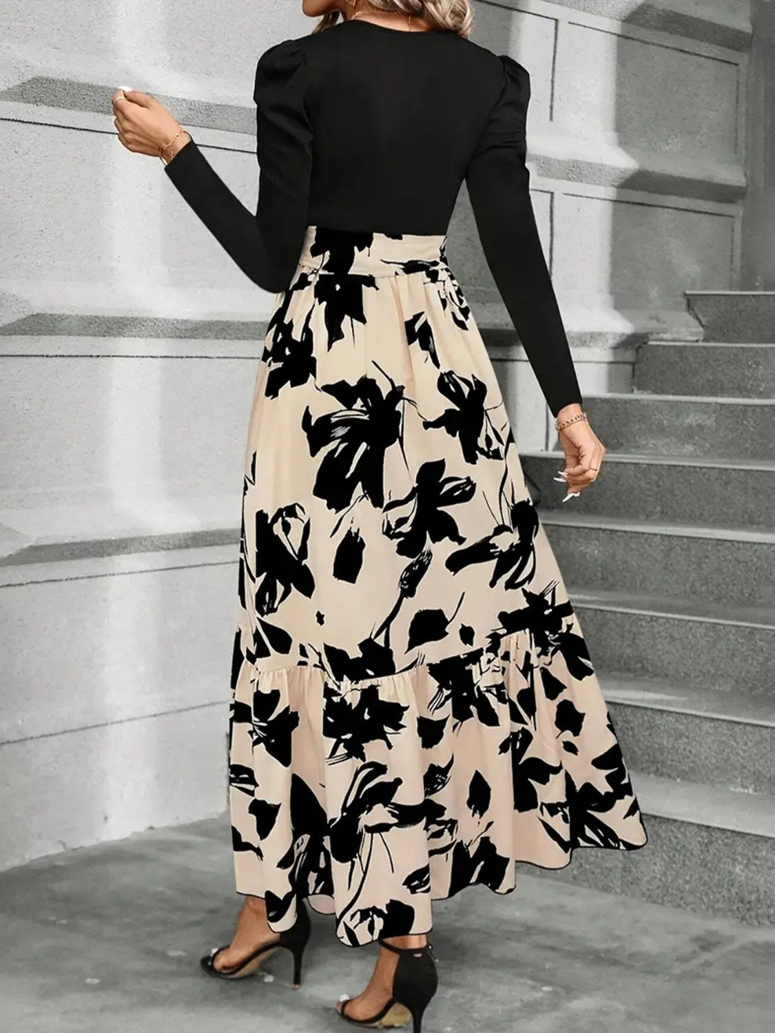 Trendy Tied Printed Round Neck Long Sleeve Midi Dress Elegant & Trendy Printed Dress for Women