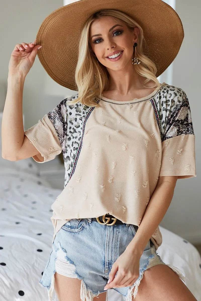 BiBi Distress Jacquard Knit with Leopard Snake Skin Top