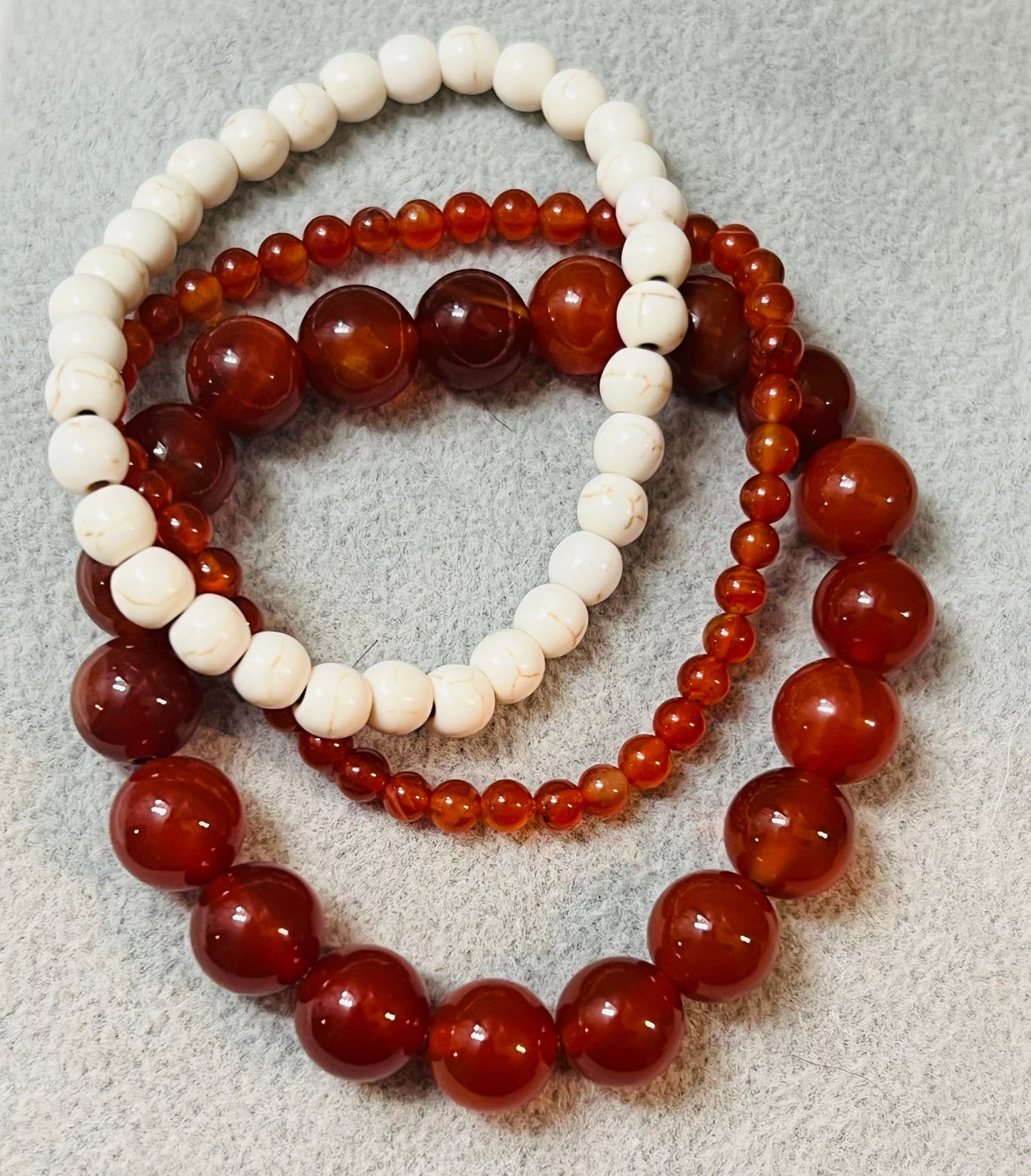 Red Agate, Cream Howlite Stretch Bracelet Set of 3