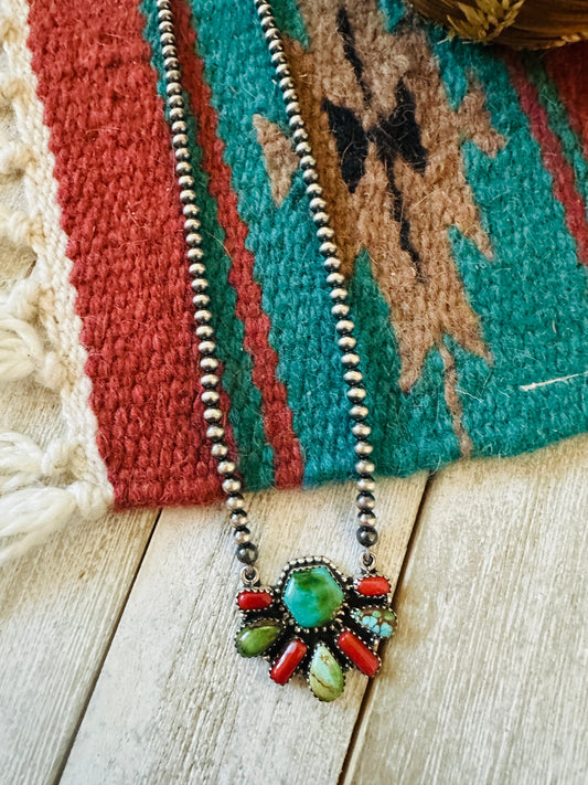 ** Christmas Collection ** Handmade Sterling Silver, Turquoise & Coral Necklace Signed Nizhoni