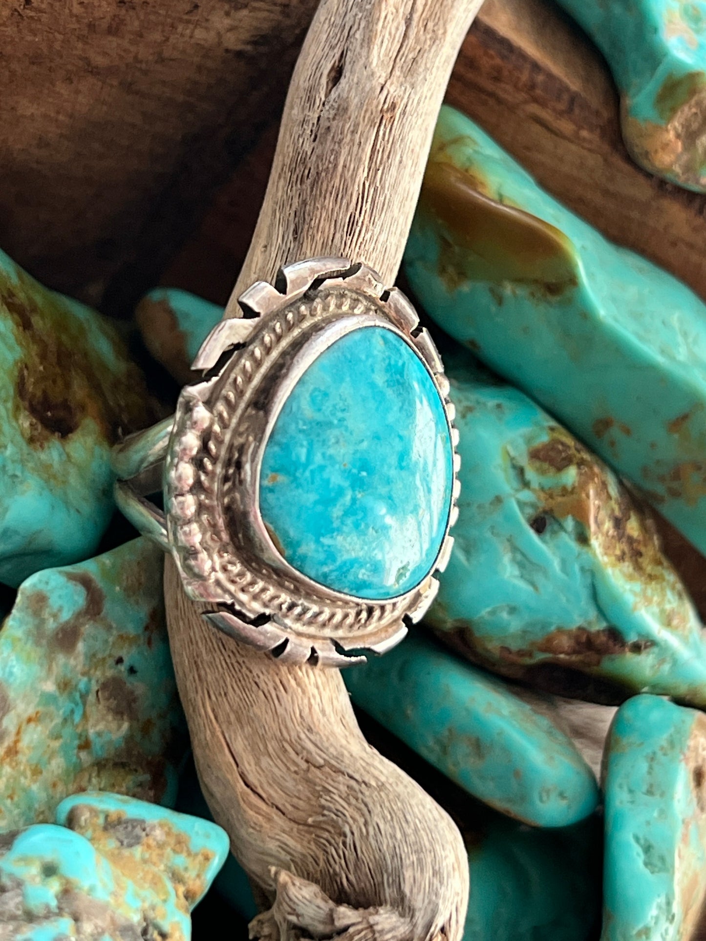 Handcrafted Sterling Silver and Sonoran Turquoise Saw Cut Ring by Peggy Skeets