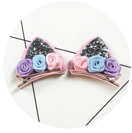 2pcs Set Cute Clips For Girls Glitter Rainbow Felt Fabric Flowers Hairpins Cat Ears Bunny Barrettes Kids Hair Accessories