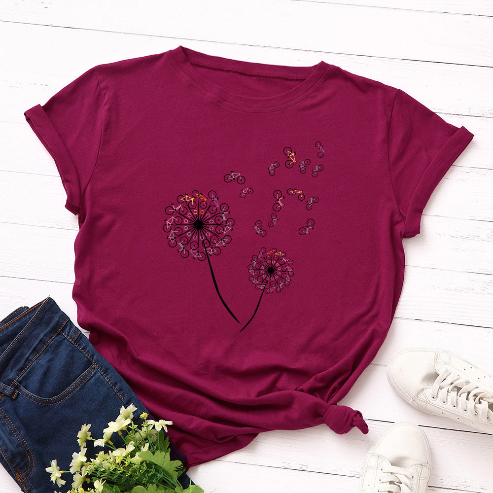 Women's Loose Dandelion Bike Round Neck Short Sleeve T-shirt