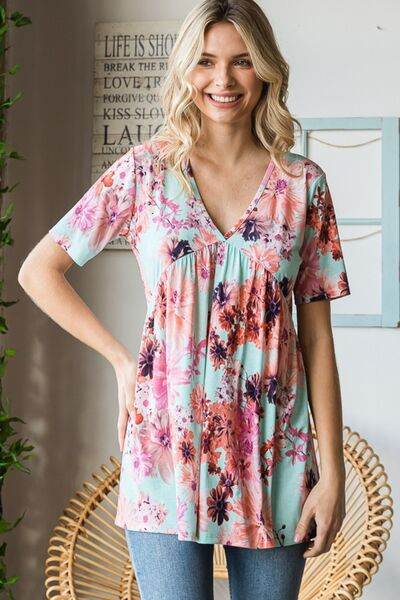 Heimish Floral V-Neck Babydoll Blouse - Full Size Short Sleeve Top