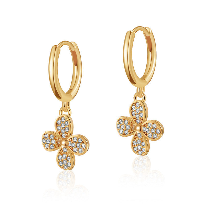 Flower Ear Clips Copper Plating 18K Real Gold Inlaid Zircon Fashion