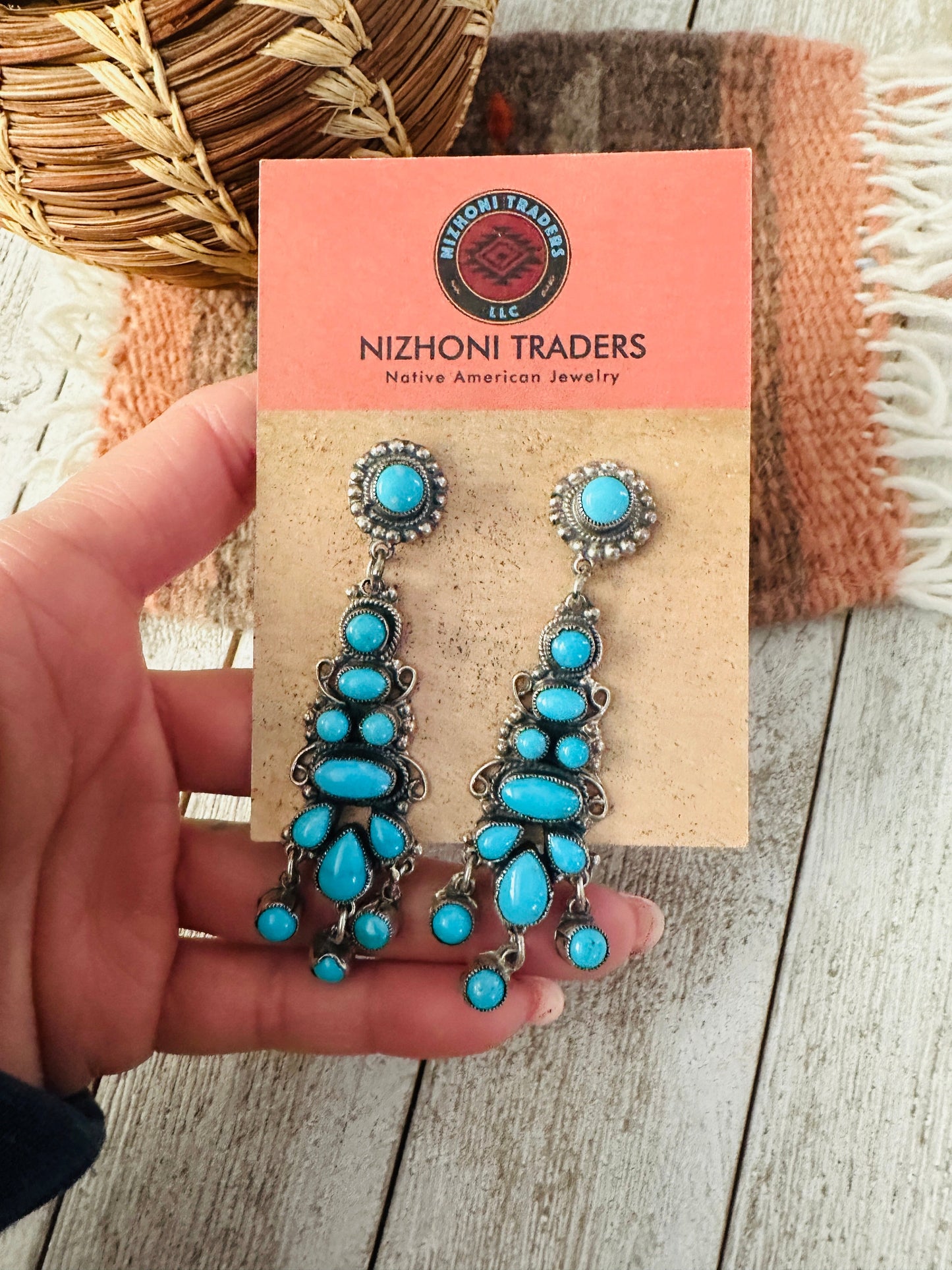 Navajo Sterling Silver & Sleeping Beauty Turquoise Cluster Dangle Earrings