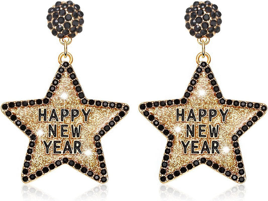 Happy New Year Earring For Women Glitter Rhinestone Star Dangle Earrings Holiday New Year Eve Earrings Festive Party Jewelry Gifts