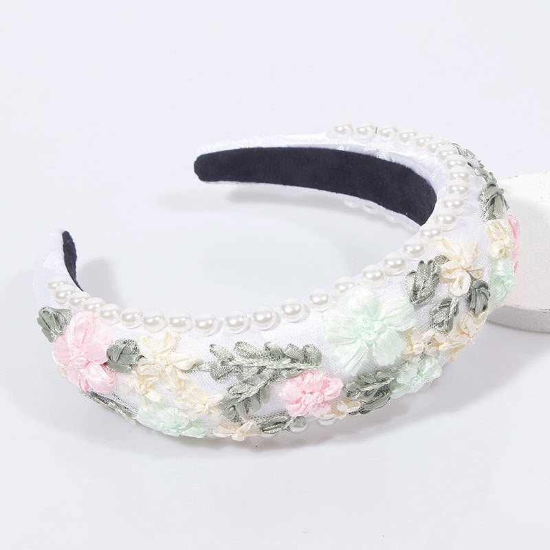 Imitation Pearl Retro Headband Floral Woven Fabric