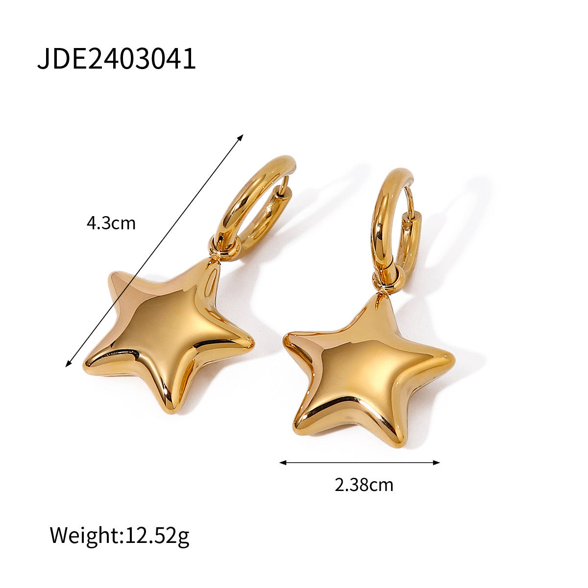 Fashion Jewelry 16K Gold Stainless Steel Gold Glossy Three-dimensional Pentagram Earrings