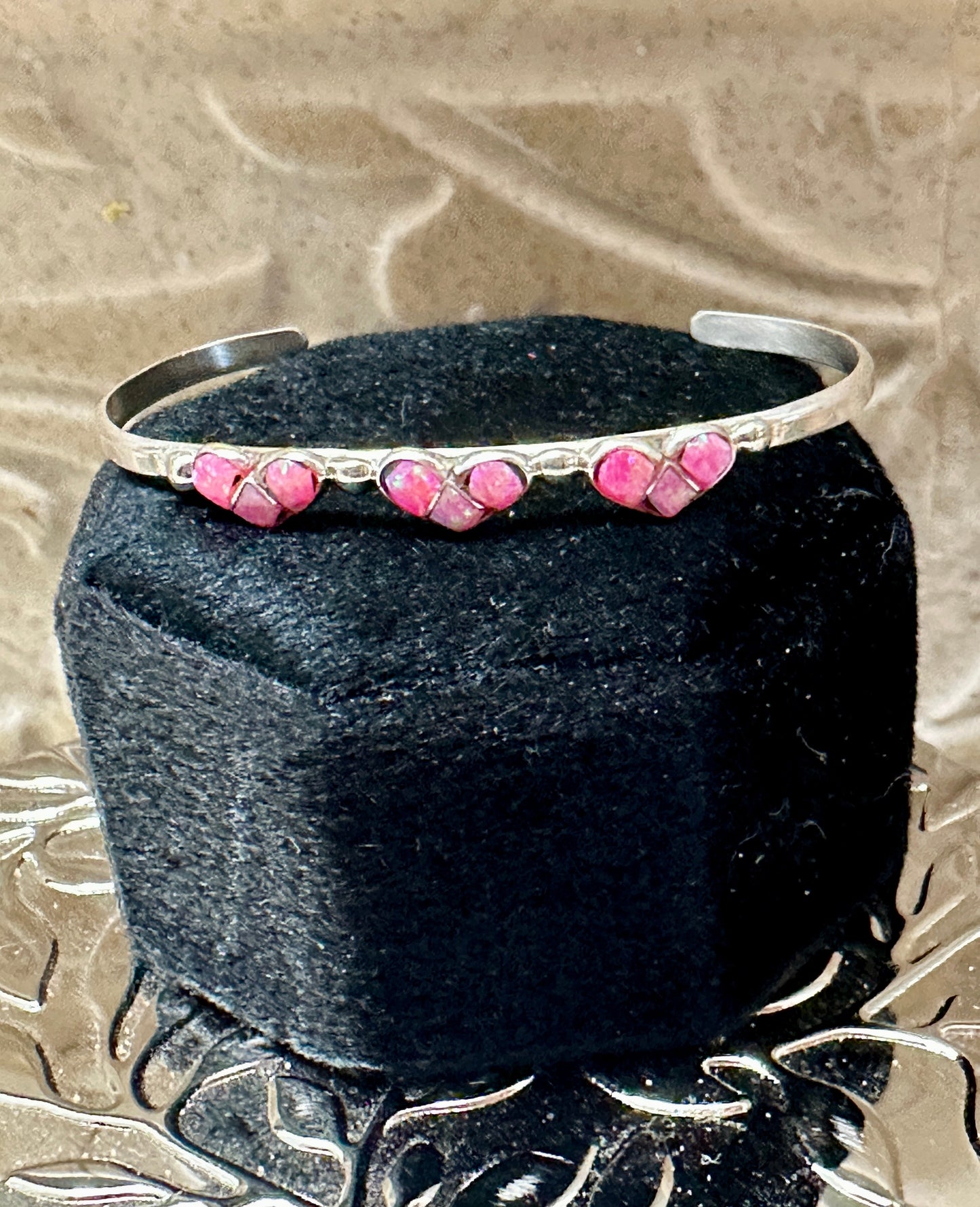 Sterling Silver Opal Three Pink Hearts Baby Cuff Bracelet
