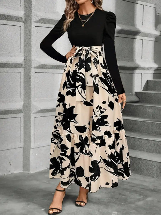 Trendy Tied Printed Round Neck Long Sleeve Midi Dress Elegant & Trendy Printed Dress for Women