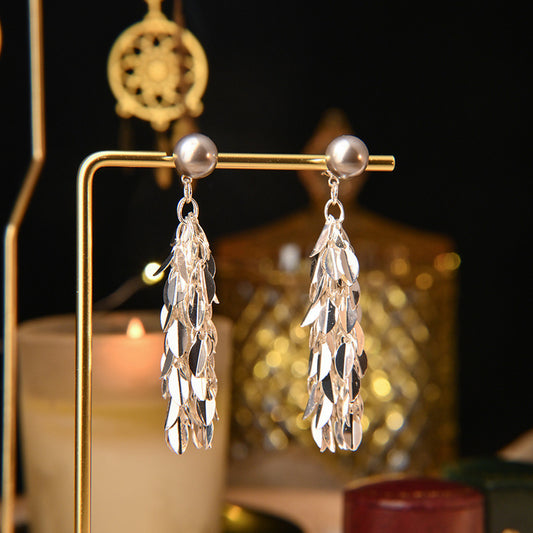 French Retro High Sense Tassel Earrings Temperament All Match Pearl Stud Earrings