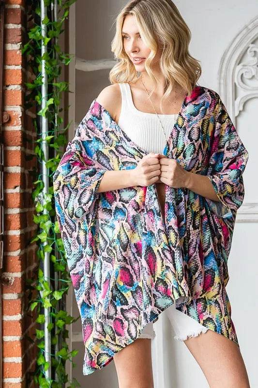 Heimish Full Size Multi Color Snake Open Cardigan Plus Size