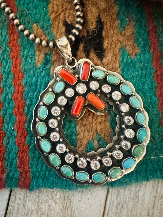 ** Christmas Collection ** Handmade Sterling Silver, Turquoise, Coral & CZ Wreath Pendant Signed Nizhoni