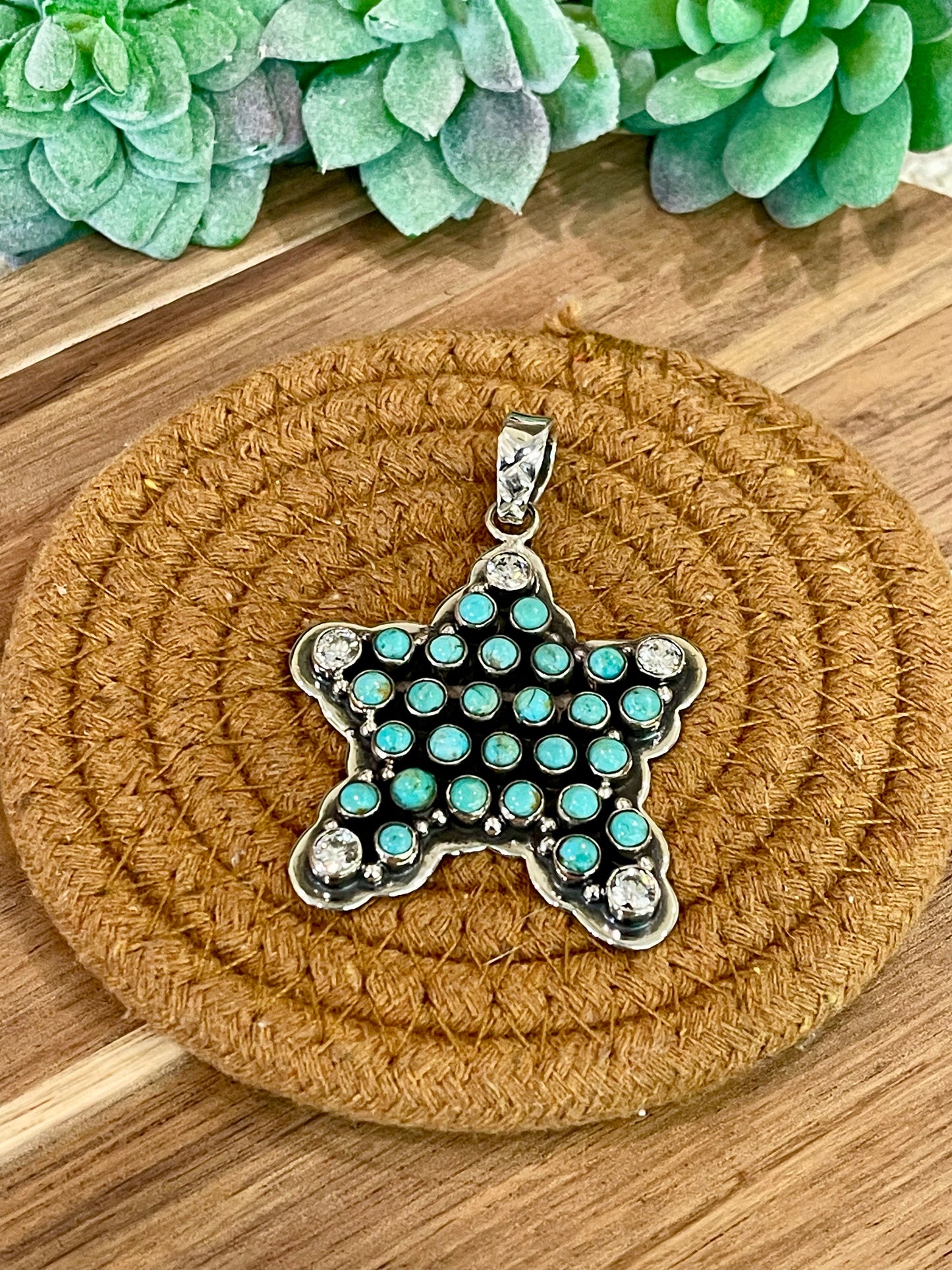 ** Christmas Collection ** Handmade Sterling Silver, Turquoise & CZ Star Pendant Signed Nizhoni
