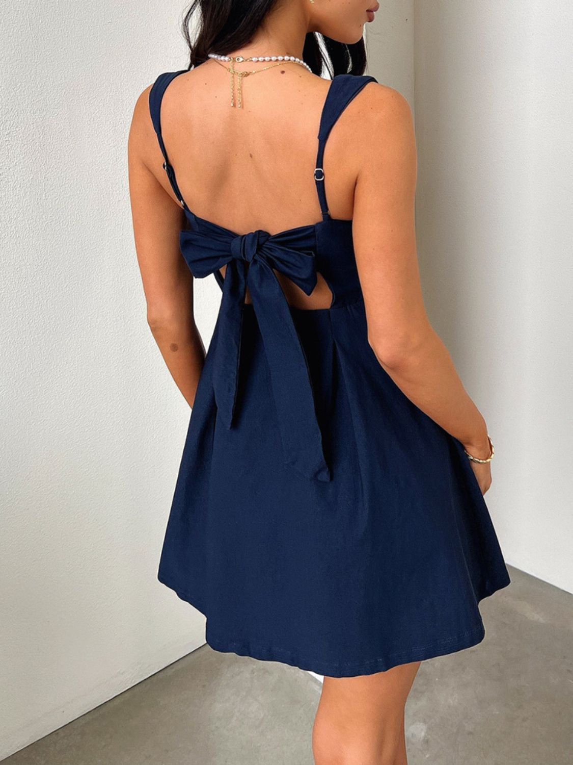 Dark Blue Bow Back Square Neck Mini Dress Luxury Feminine & Flattering Dress For Girls