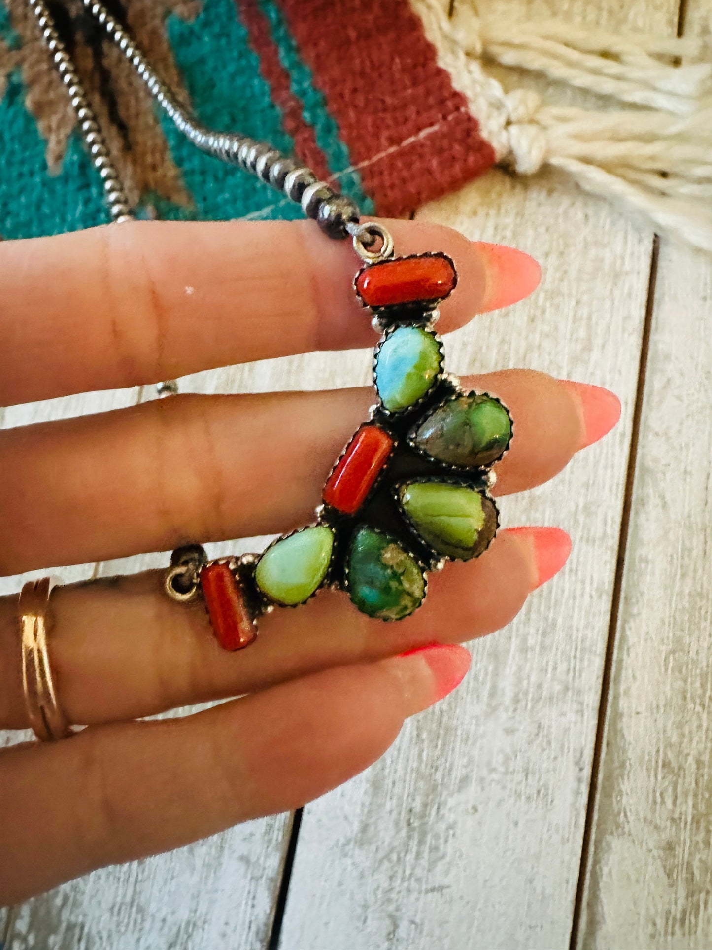 ** Christmas Collection ** Handmade Sterling Silver, Turquoise & Coral Necklace Signed Nizhoni