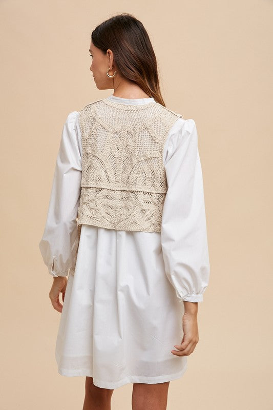 White Crochet Vest Long Sleeve Shirt Dress Vintage Dress For Women Unique Retro Girls Dress