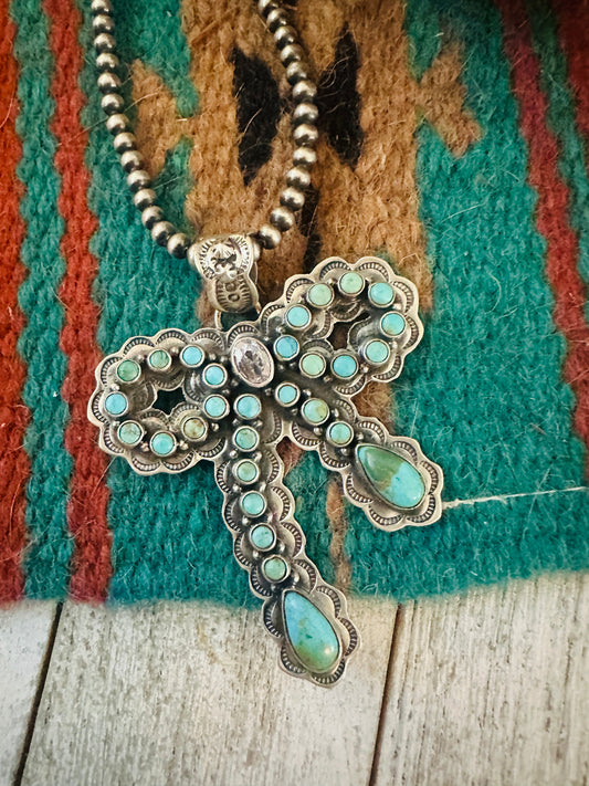 ** Christmas Collection ** Handmade Sterling Silver, Turquoise & CZ Bow Pendant Signed Nizhoni