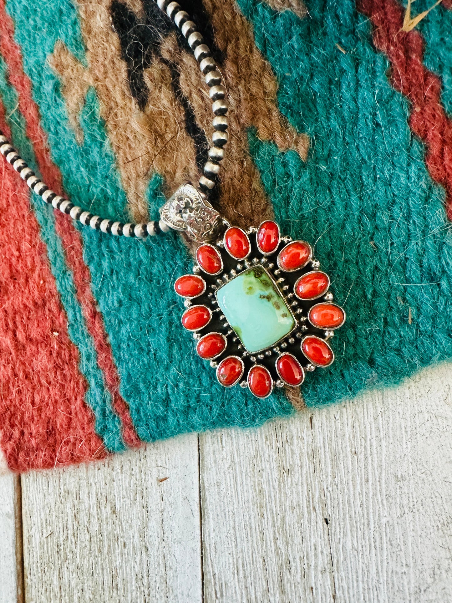 ** Christmas Collection ** Handmade Sterling Silver, Coral & Turquoise Cluster Pendant Signed Nizhoni