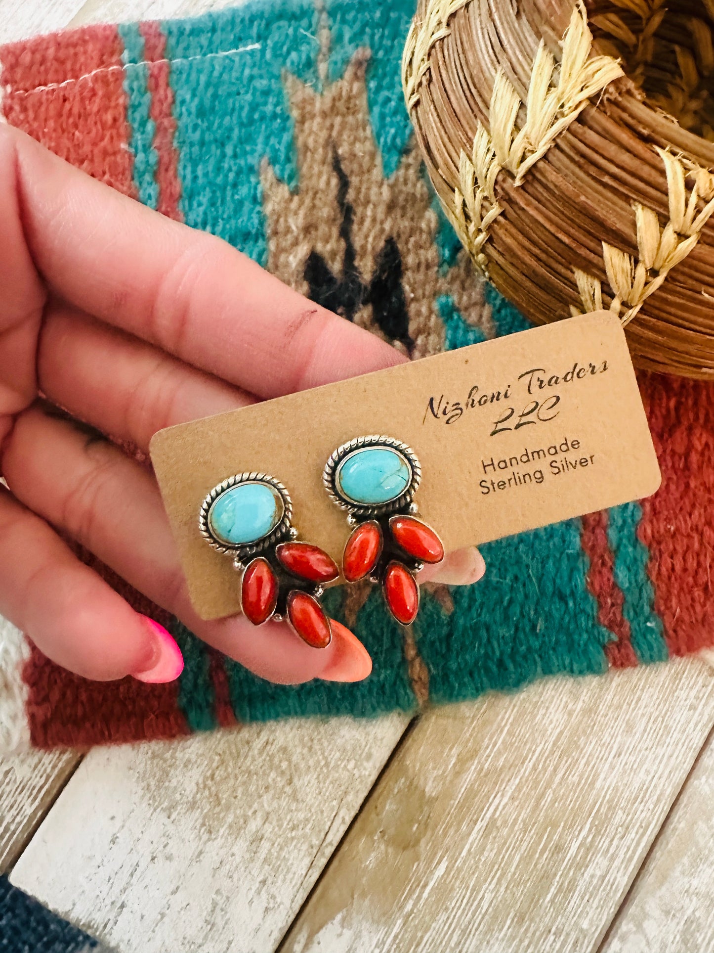 ** Christmas Collection ** Handmade Sterling Silver, Coral & Turquoise Earrings Signed Nizhoni