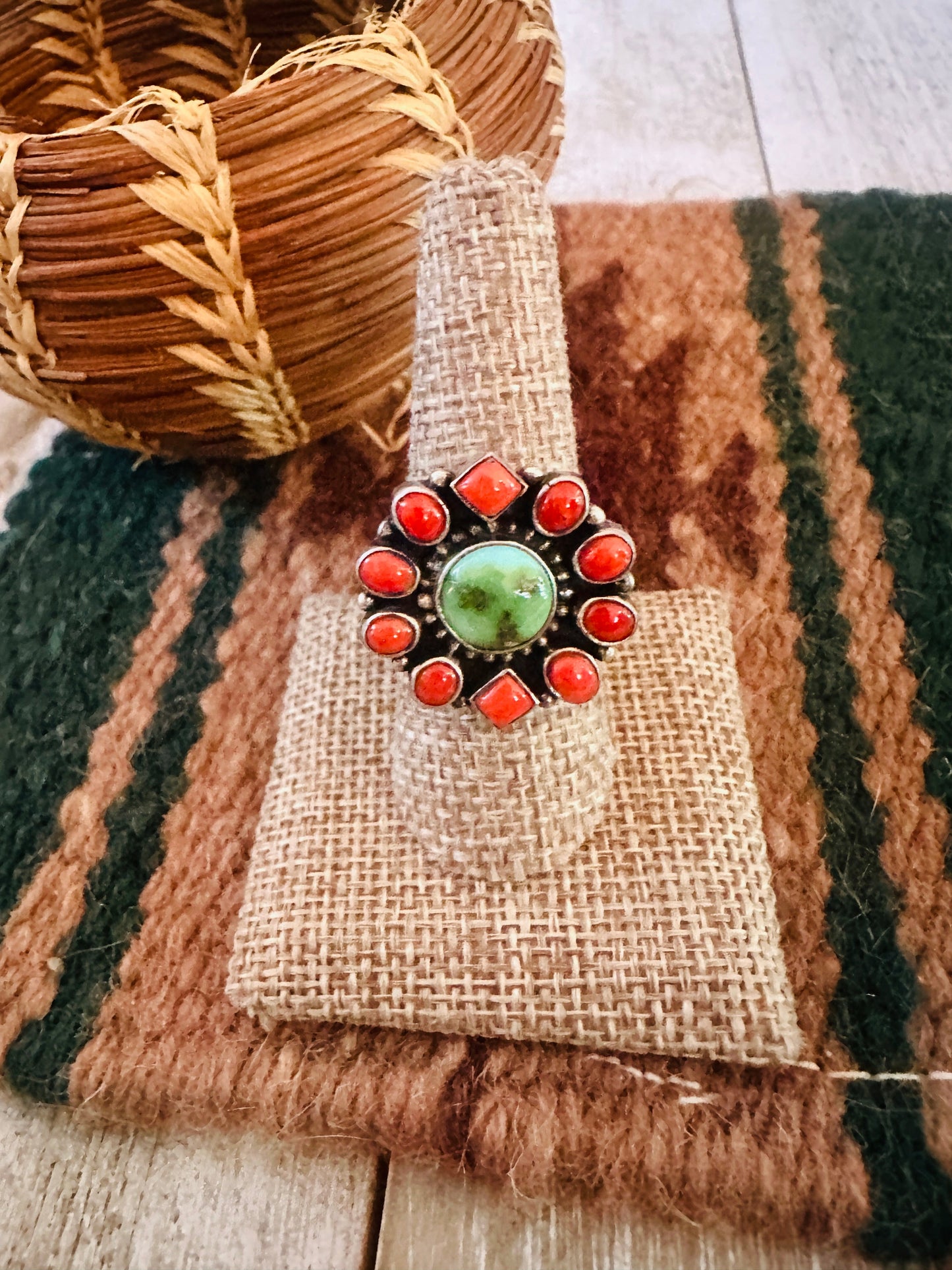 ** Christmas Collection ** Handmade Sterling Silver, Turquoise & Coral Adjustable Ring Signed Nizhoni