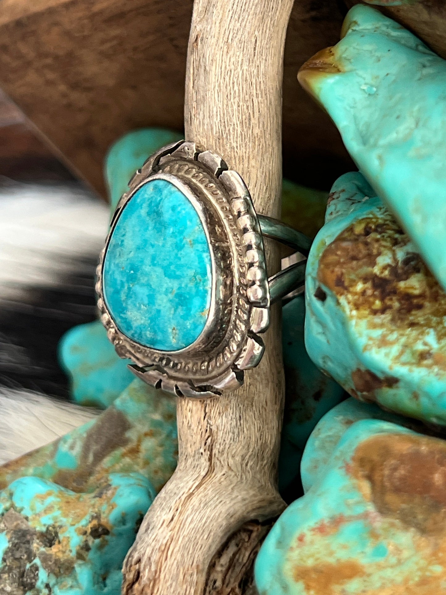Handcrafted Sterling Silver and Sonoran Turquoise Saw Cut Ring by Peggy Skeets