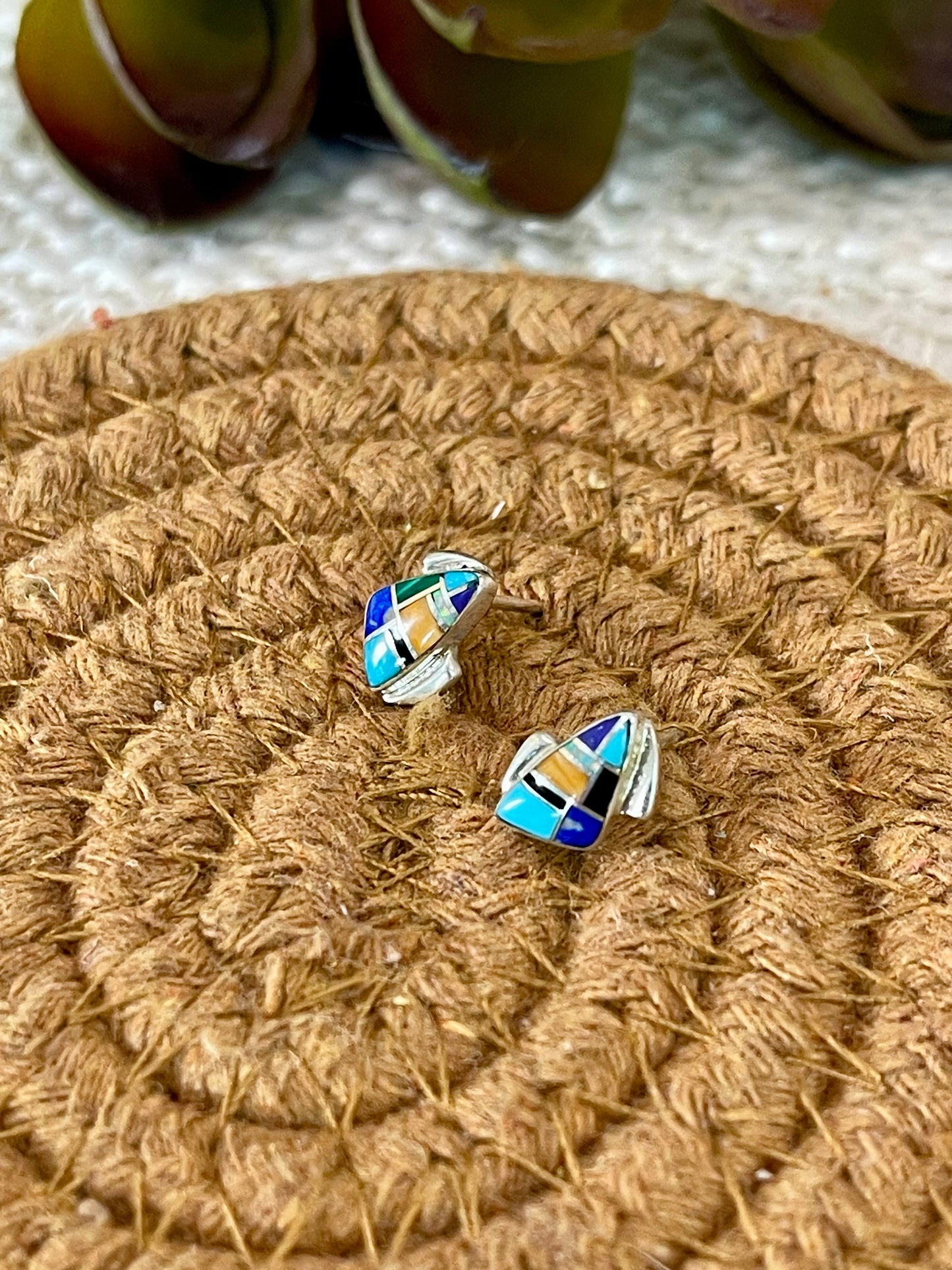 Beautiful Handmade Sterling Silver & Multi Stone Inlay Stud Earrings