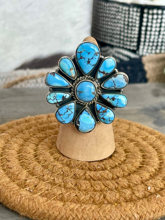 Handmade Sterling Silver Golden Hills Turquoise Adjustable FLOWER Ring Signed Nizhoni TEARDROP