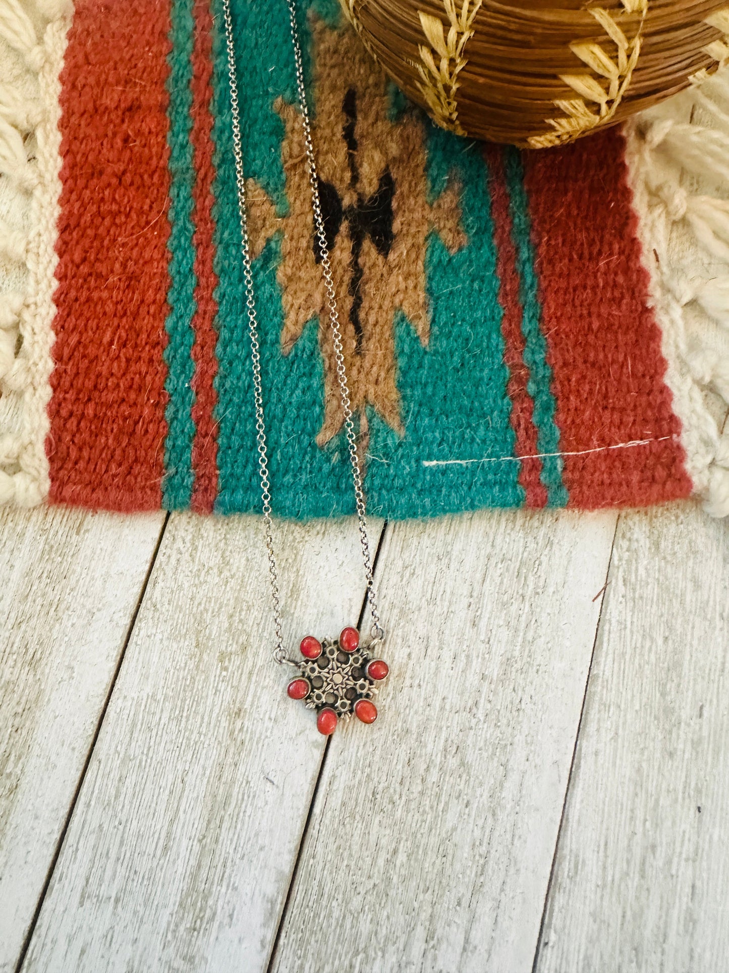 ** Christmas Collection ** Handmade Sterling Silver & Coral Snowflake Necklace Signed Nizhoni