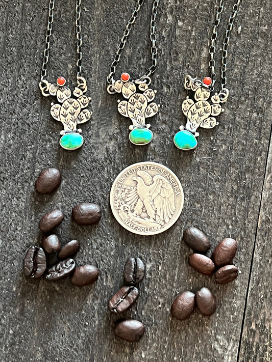 Handcrafted Petite Sterling Silver, Turquoise and Coral Cactus Link Chain Necklace, 16” + 1.5”