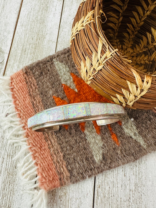 Handcrafted Old Pawn White Opal & Sterling Silver Inlay Cuff Bracelet