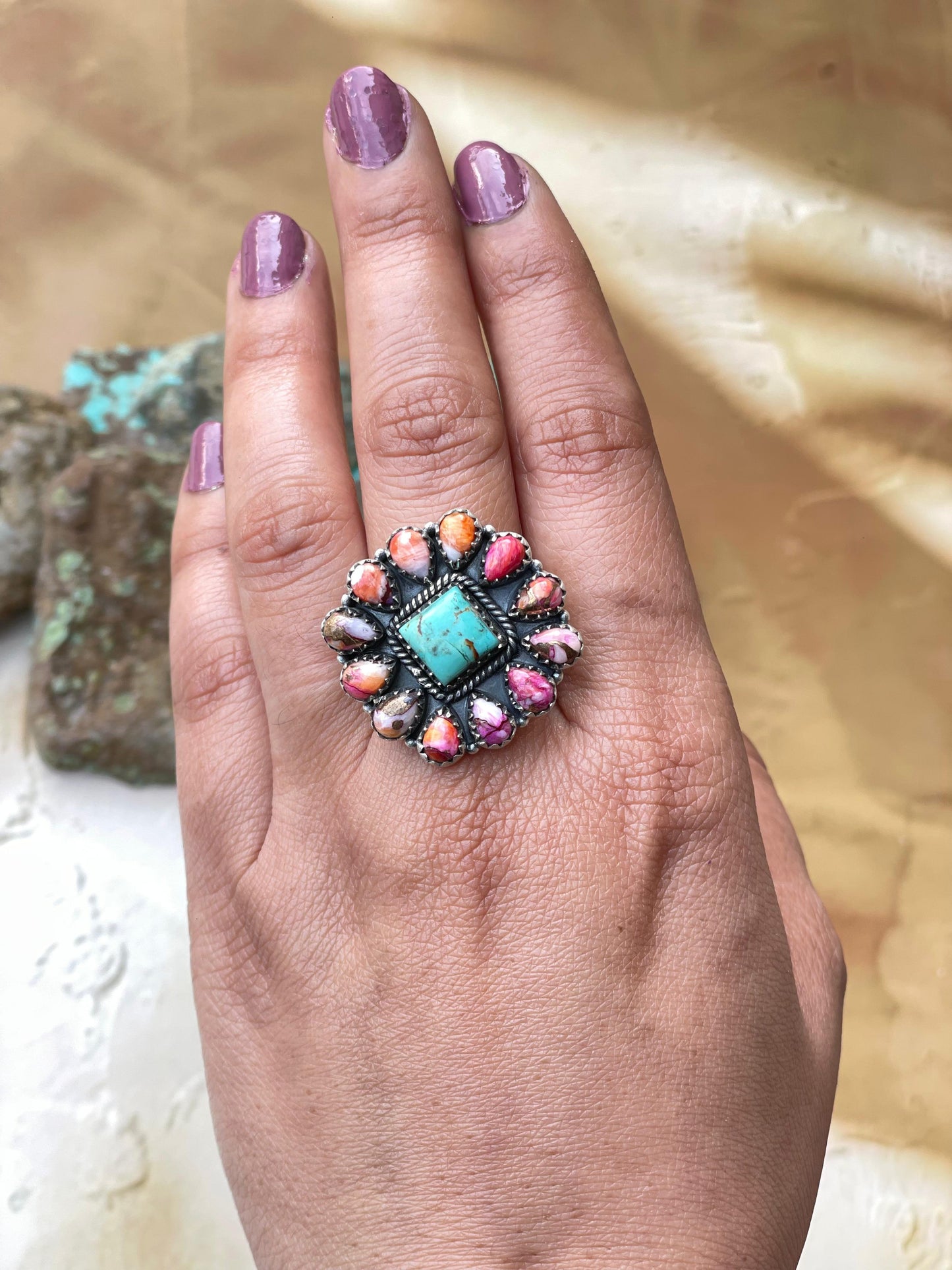 Handmade Sterling Silver, Pink Dream & Turquoise Cluster Adjustable Ring