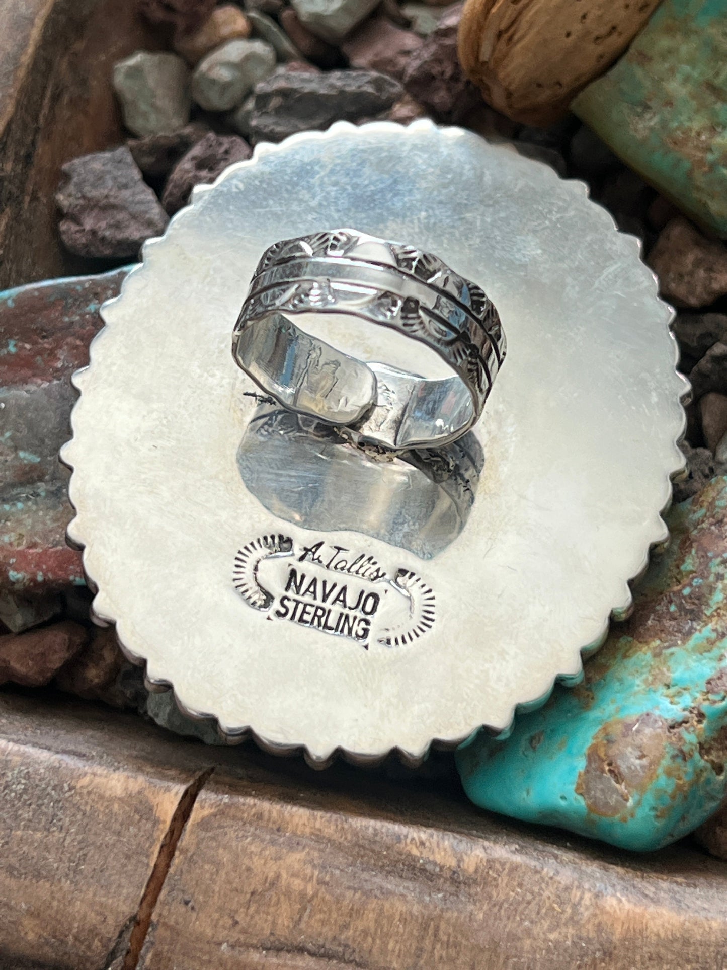 Handcrafted Cobblestone Kingman Turquoise and Pink Conch Cluster Ring by Aaron Tallis, Adjustable