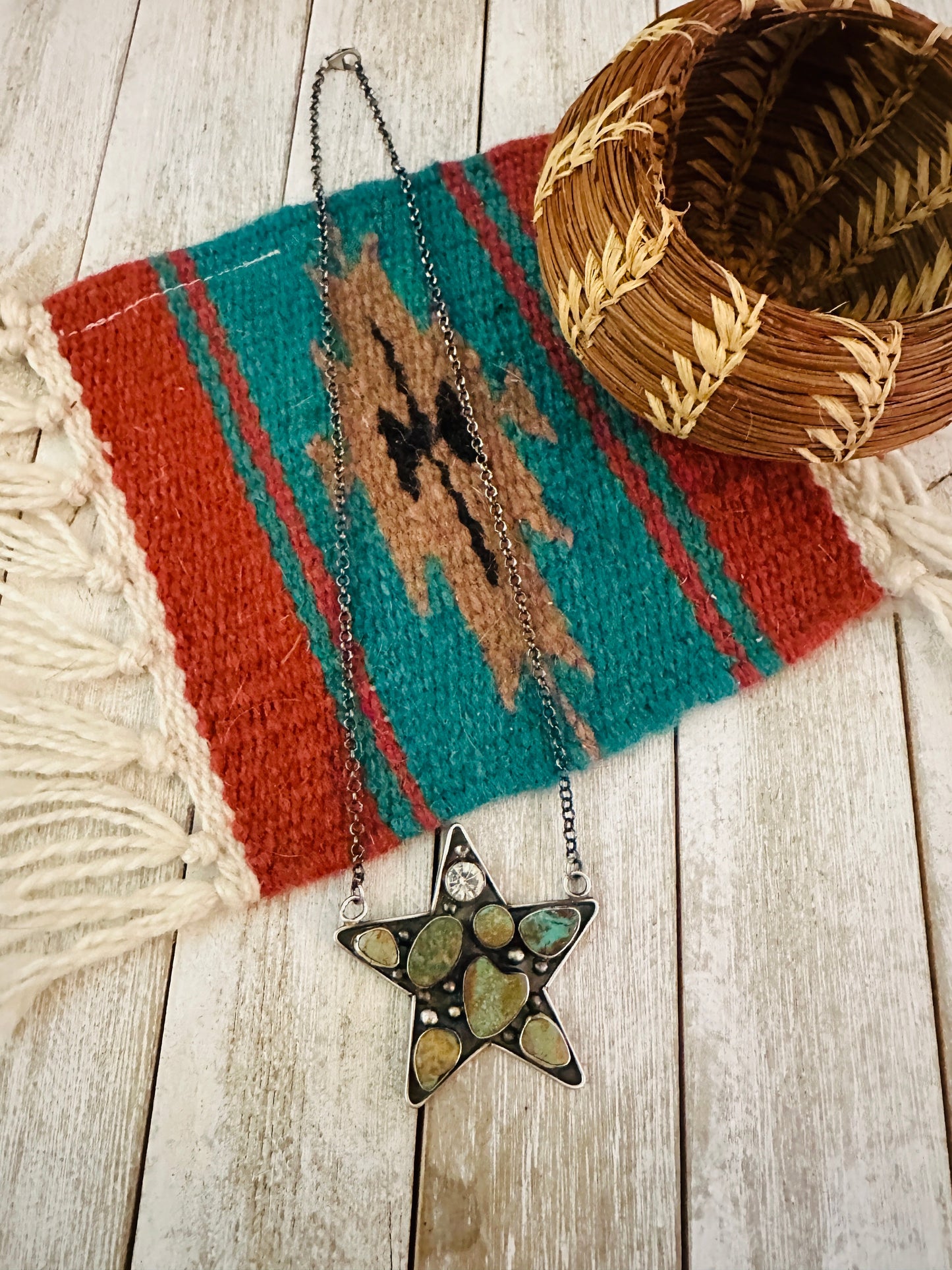 Navajo Sterling Silver, Royston Turquoise & CZ Star Necklace by Jacqueline Silver