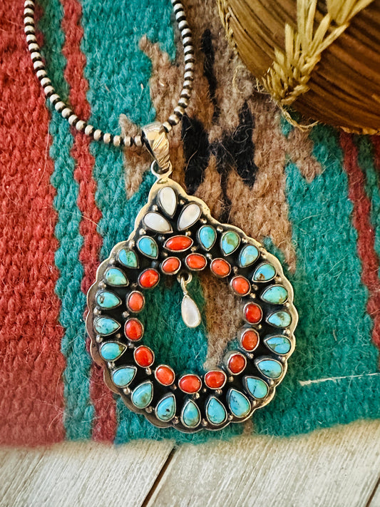** Christmas Collection ** Handmade Sterling Silver, Turquoise & Coral Wreath Pendant Signed Nizhoni