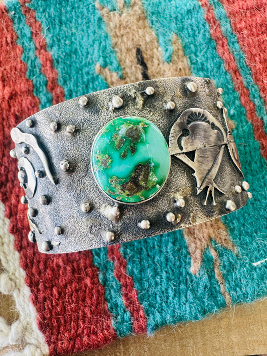 Handcrafted Sonoran Mountain Turquoise and Sterling Silver Story Teller Cuff Bracelet by Randy Billy