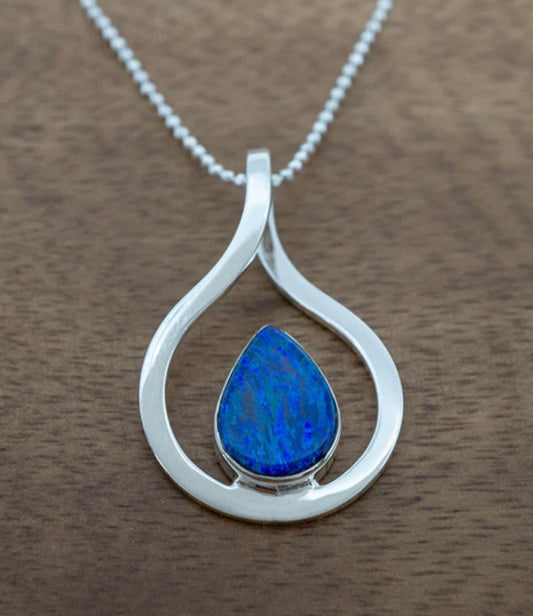 Dark Blue Opal Teardrop in Silver Frame Necklace
