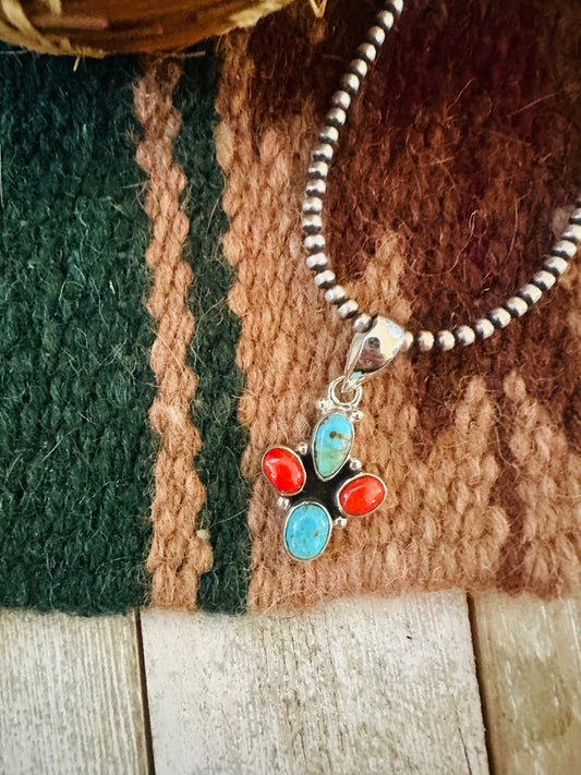 ** Christmas Collection ** Handmade Sterling Silver, Coral & Turquoise Pendant Signed Nizhoni