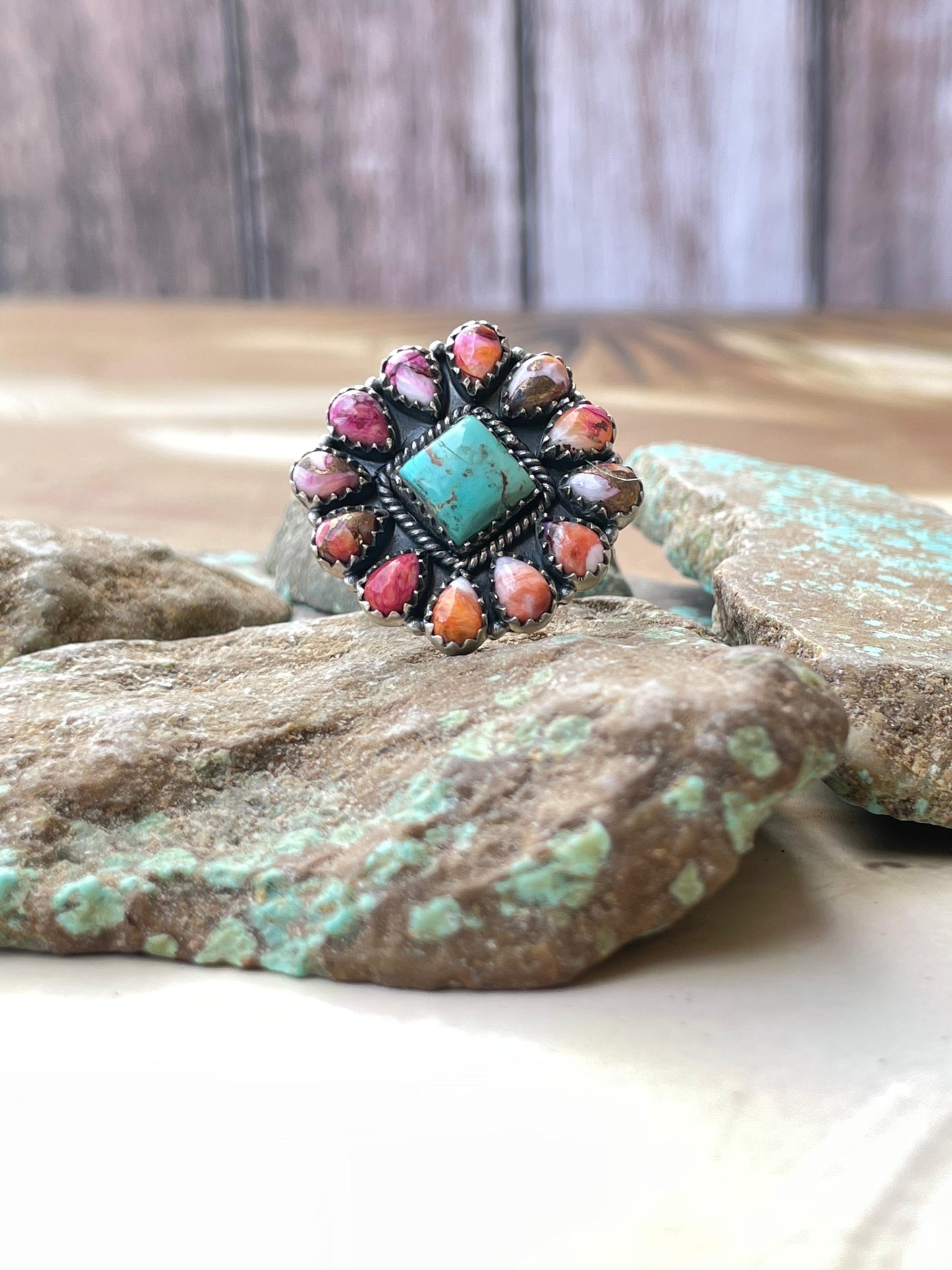 Handmade Sterling Silver, Pink Dream & Turquoise Cluster Adjustable Ring