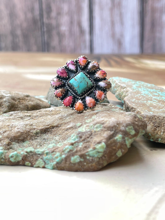 Handmade Sterling Silver, Pink Dream & Turquoise Cluster Adjustable Ring