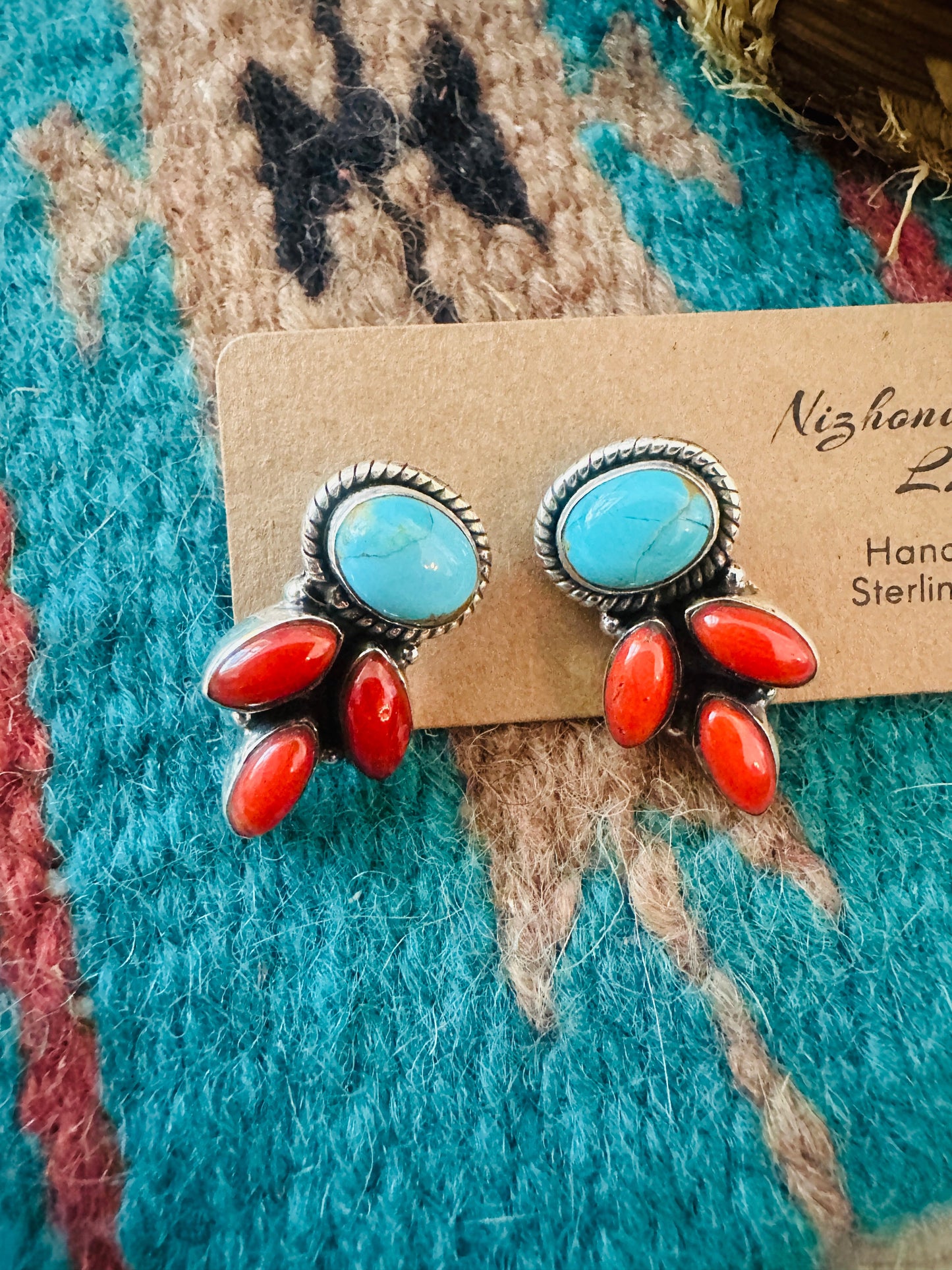 ** Christmas Collection ** Handmade Sterling Silver, Coral & Turquoise Earrings Signed Nizhoni