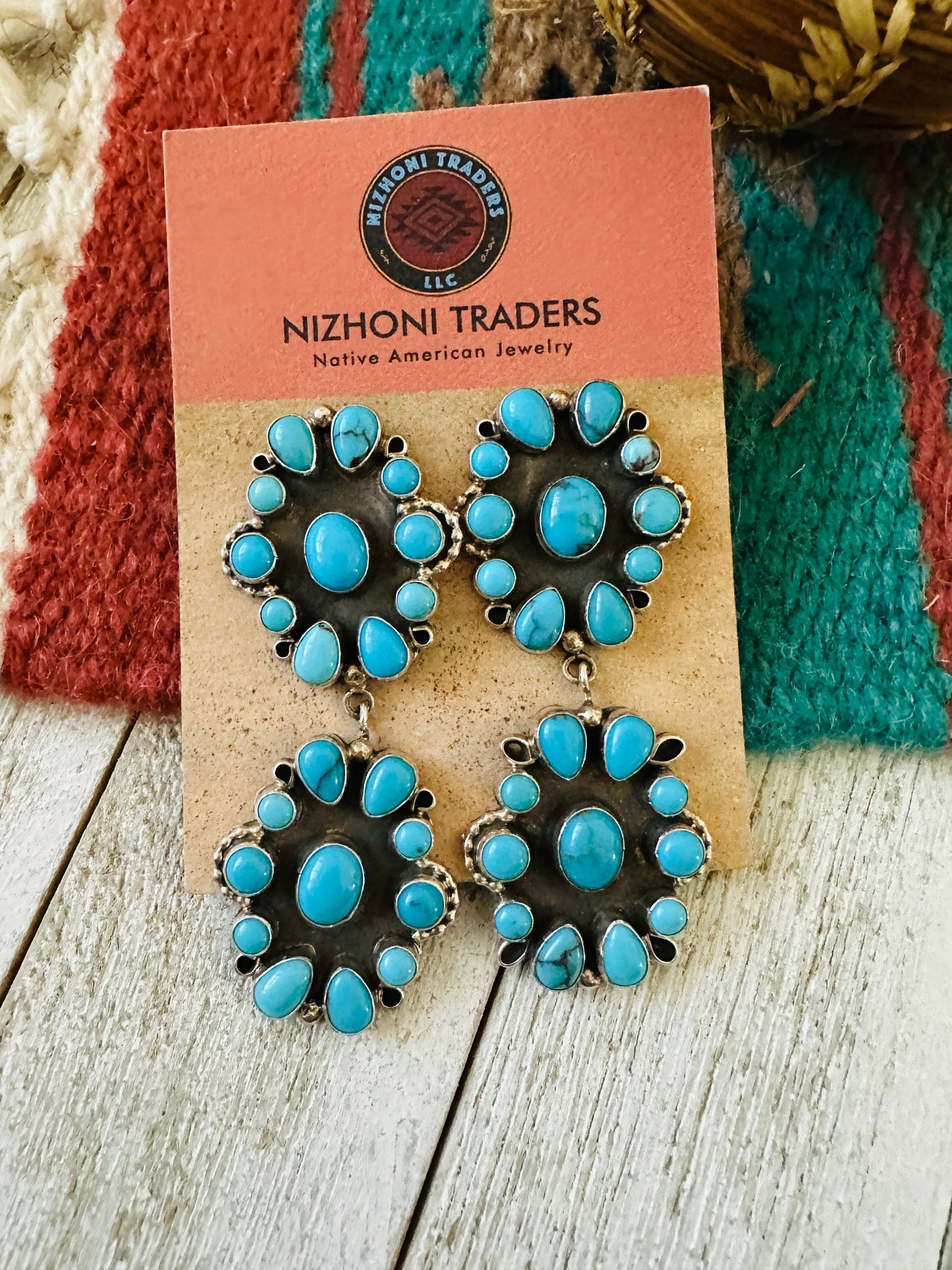 Handcrafted Sterling Silver & Sleeping Beauty Turquoise Cluster Dangle Earrings by Eula Wylie