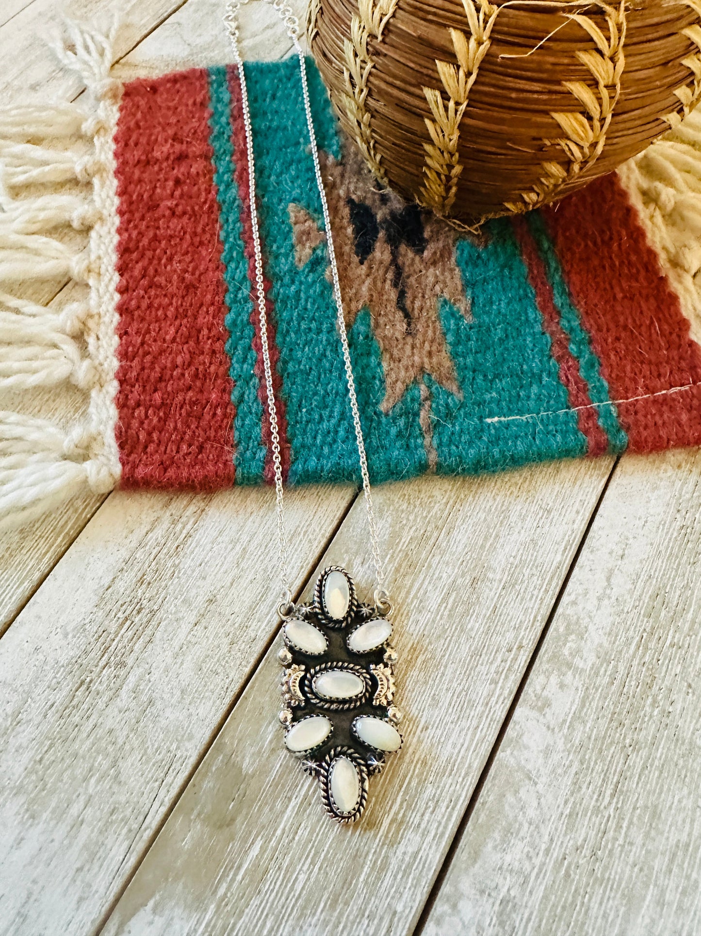 ** Christmas Collection ** Handmade Sterling Silver & Mother of Pearl Necklace Signed Nizhoni