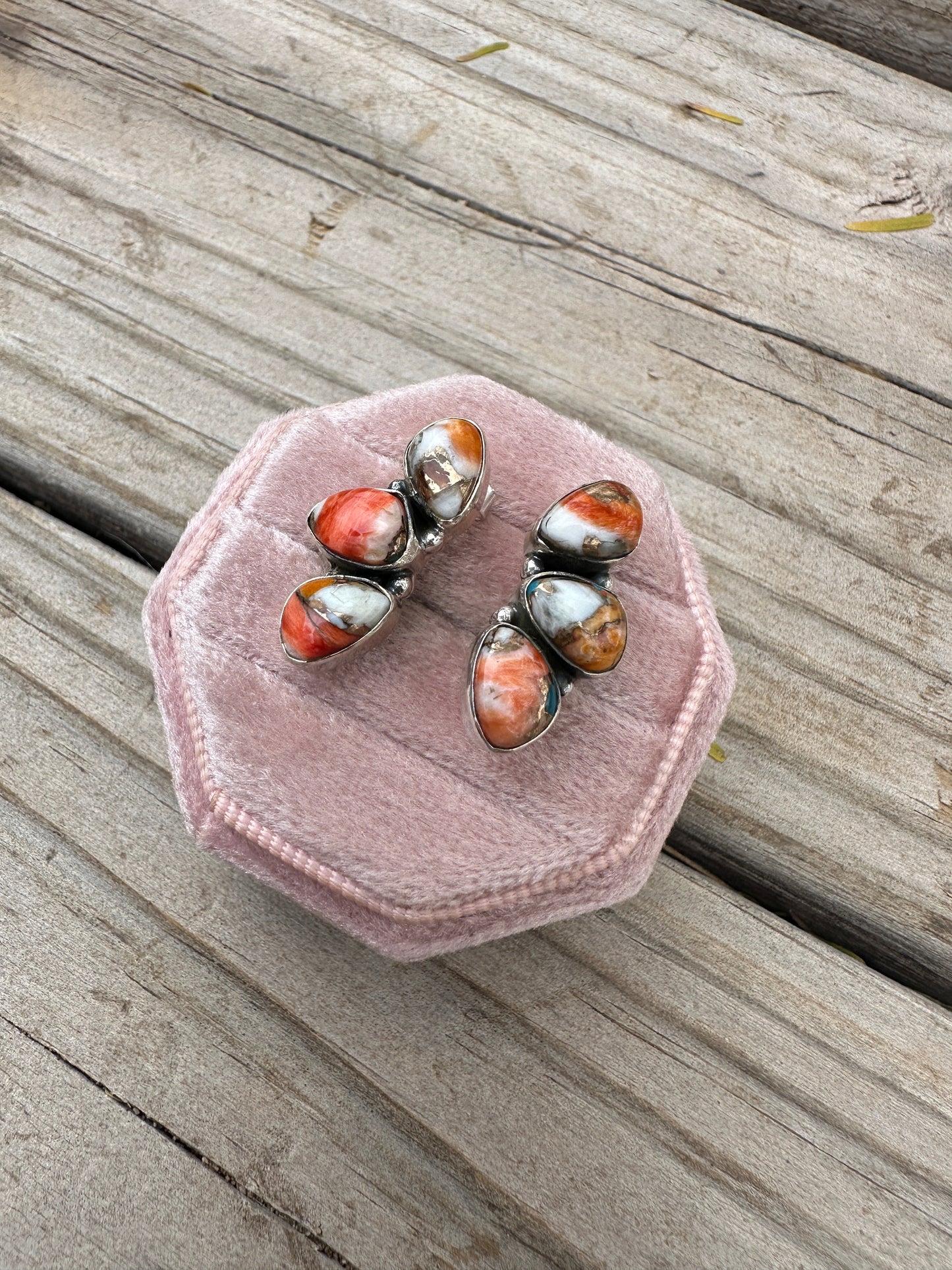 Handmade Spice And Sterling Silver Crescent Earrings 3 Stone