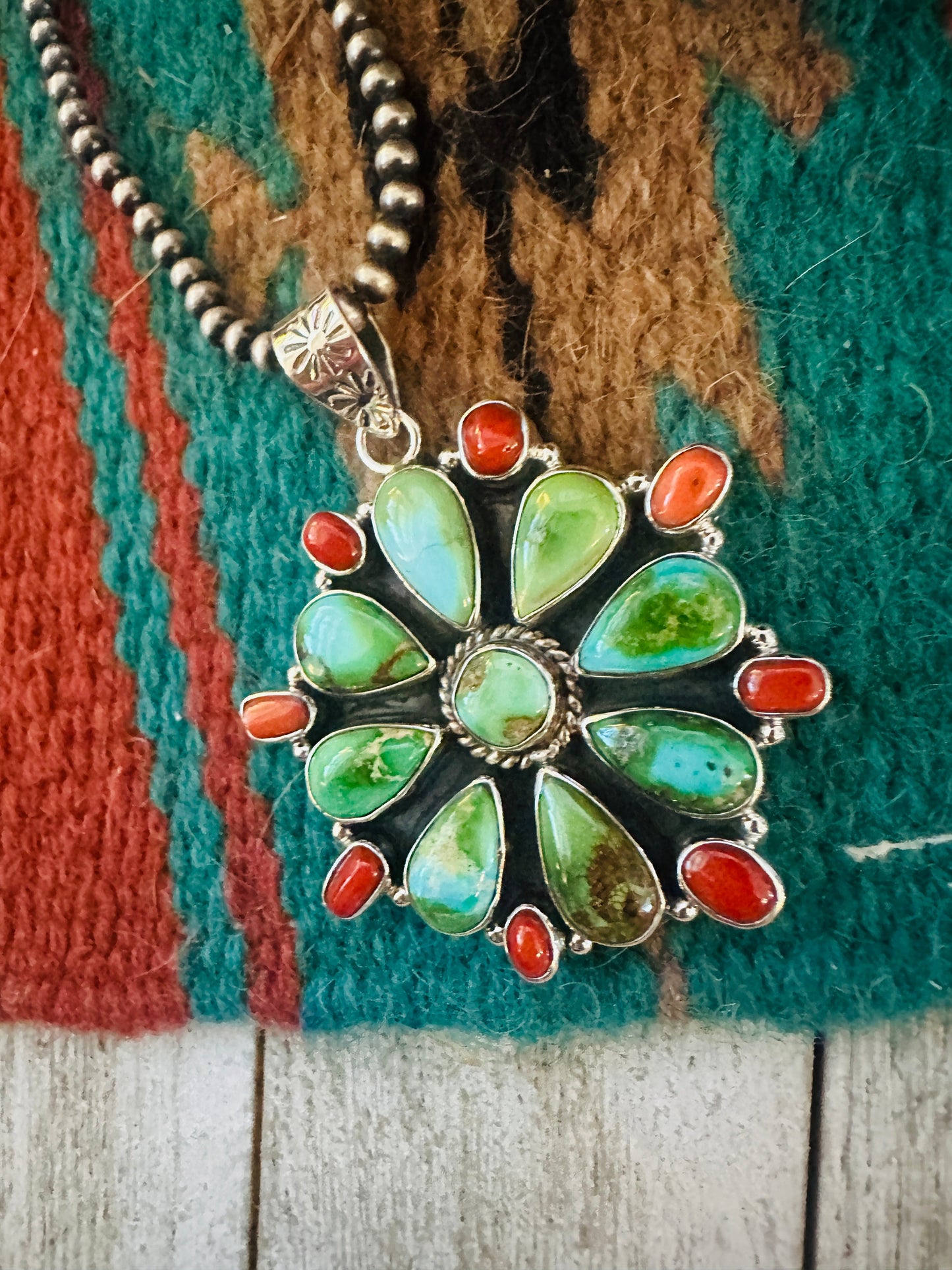 ** Christmas Collection ** Handmade Sterling Silver, Turquoise & Coral Pendant Signed Nizhoni