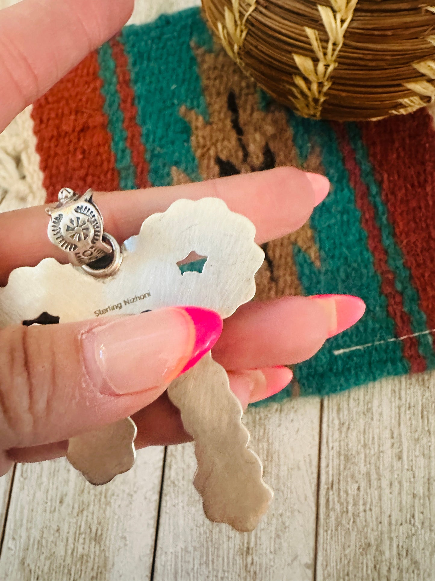 ** Christmas Collection ** Handmade Sterling Silver, Turquoise & CZ Bow Pendant Signed Nizhoni