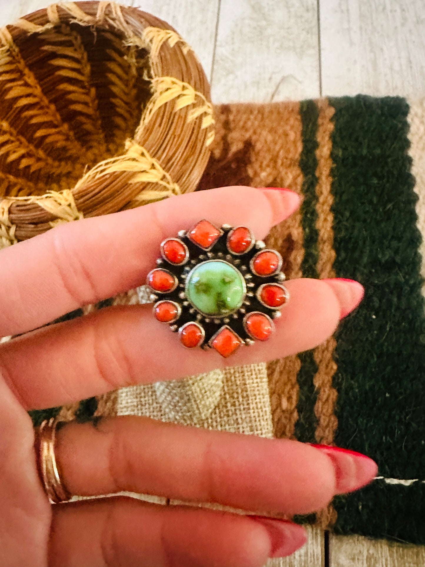 ** Christmas Collection ** Handmade Sterling Silver, Turquoise & Coral Adjustable Ring Signed Nizhoni